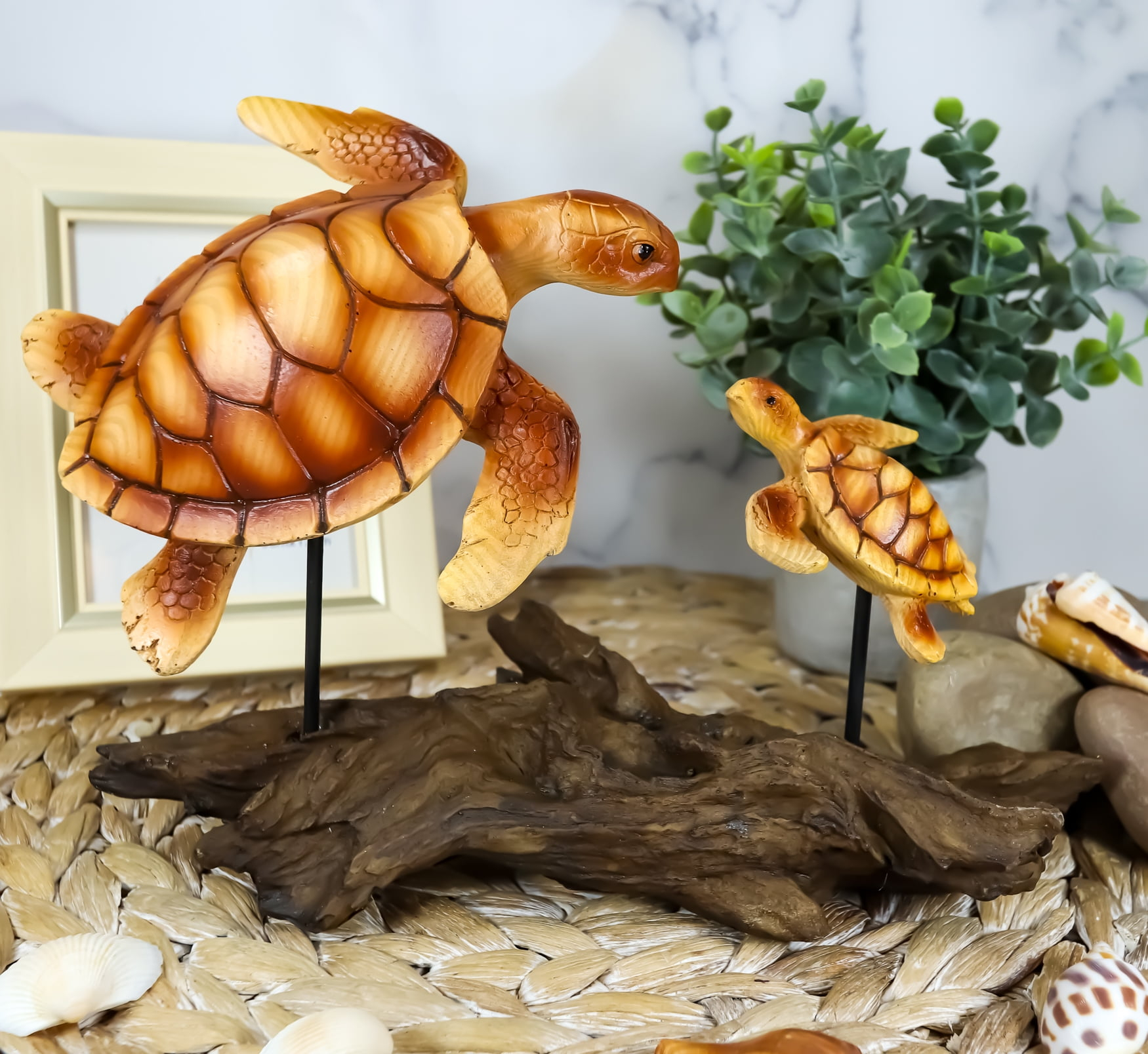 Ebros Under The Sea Mother & Baby Sea Turtle Family Statue 10"L Faux Wood Resin