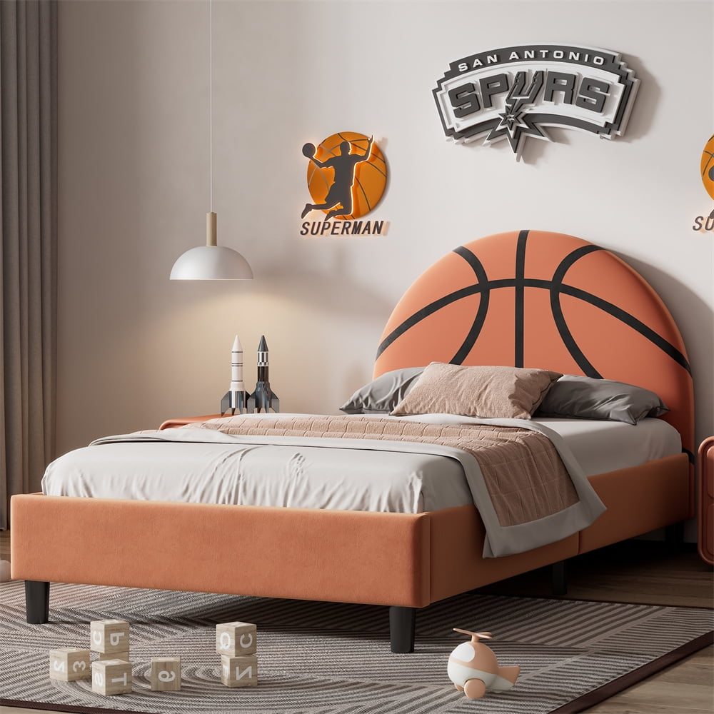 Orange Velvet Twin Platform Bed with Basketball Upholstered Headboard