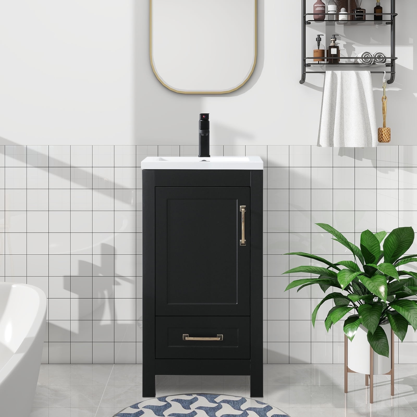 Eclife 18" Black Bathroom Vanity Set with Ceramic Sink Top, Water Saving Faucet Drain