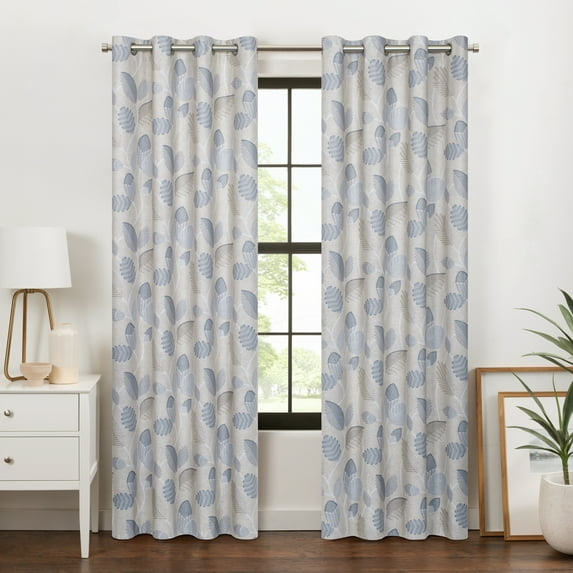 Eclipse 100% Blackout Curtain, Larissa Leaf Grommet Curtain, 95 In Long x 50 In Wide, Botanical Print, Sky Blue