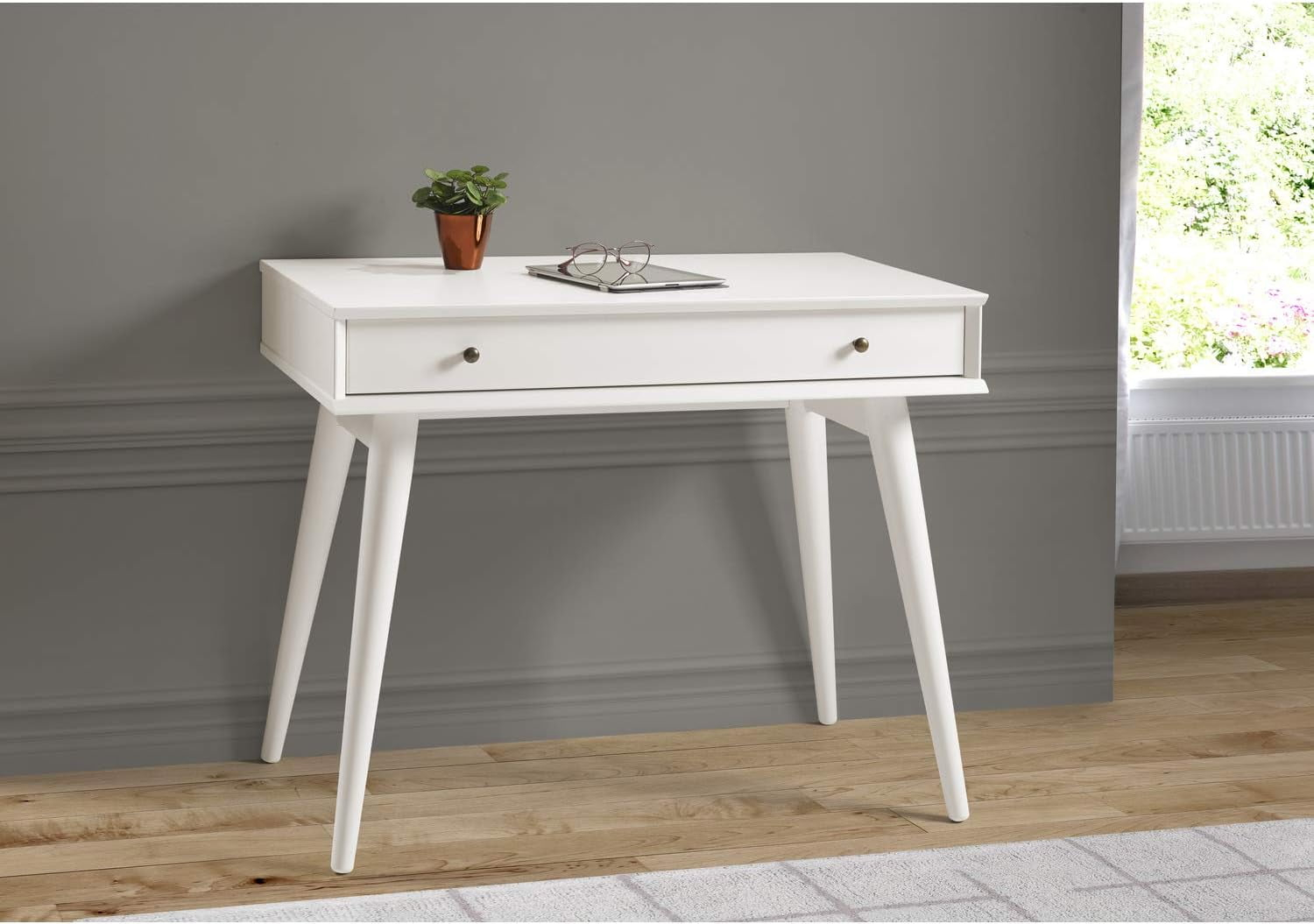 Camaflexi Mid Century Modern Desk Solid Wood Writing Table for Small Spaces, White
