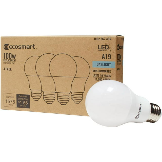 EcoSmart 100-Watt Equivalent A19 Non-Dimmable LED Light Bulb Daylight (4-Pack)