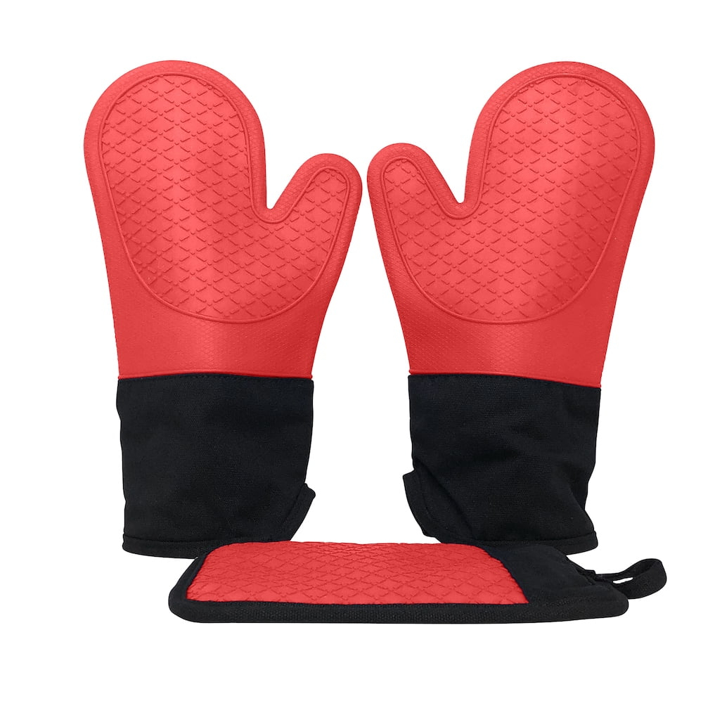 Ecoberi Silicone Oven Mitts and Pot Holder Set, Heat Resistant, Cook, Bake, BBQ, Pack of 3 Red
