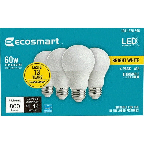 EcoSmart LED 8.5W (60W Equivalent) Daylight General Purpose Led Lights, Dimmable (4 Pack)