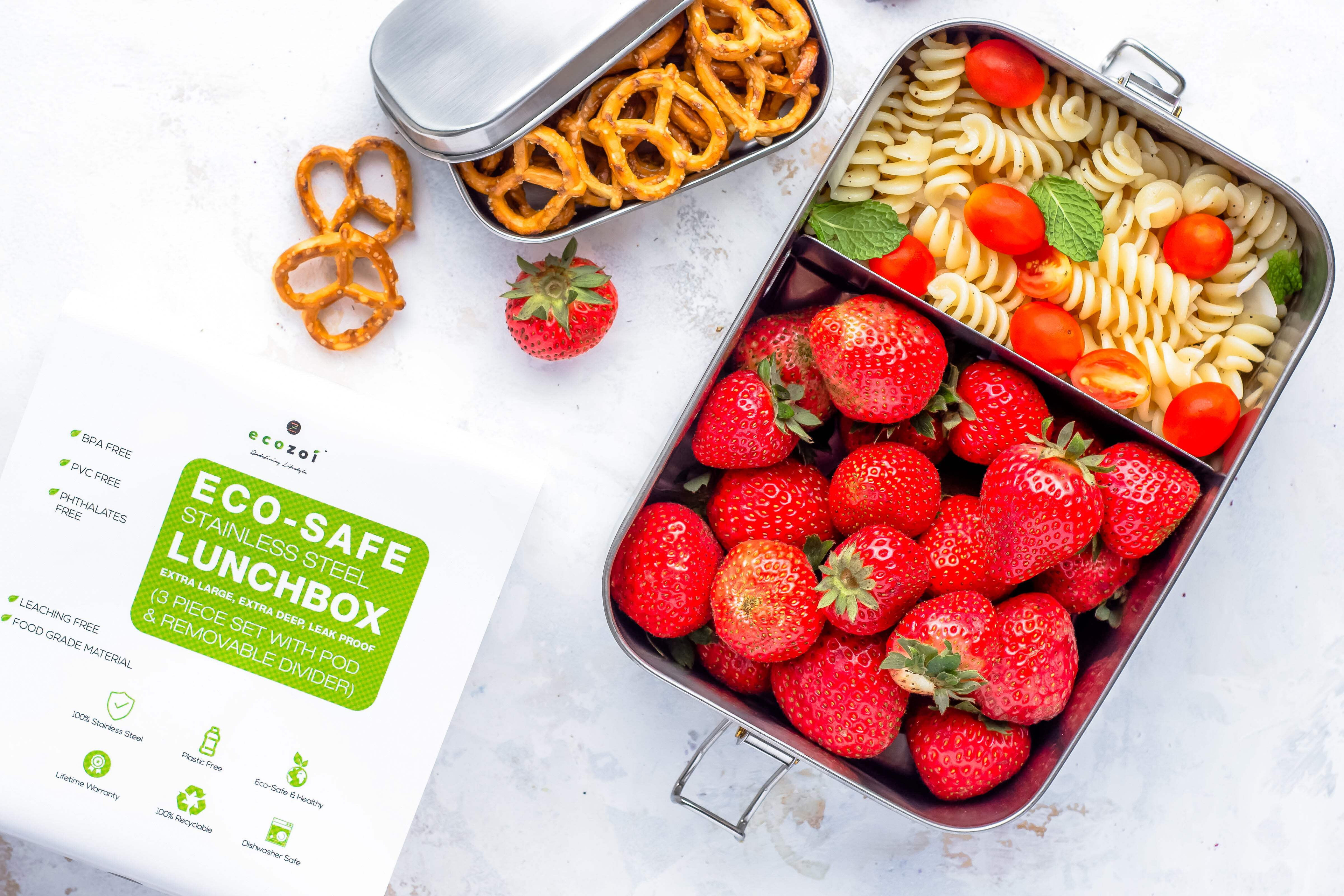 Ecozoi Stainless Steel Lunch Box, Leak Proof 1-Tier Eco Metal Bento Box with Bonus POD | Sustainable Zero Waste Eco Friendly Tiffin Food Storage Container