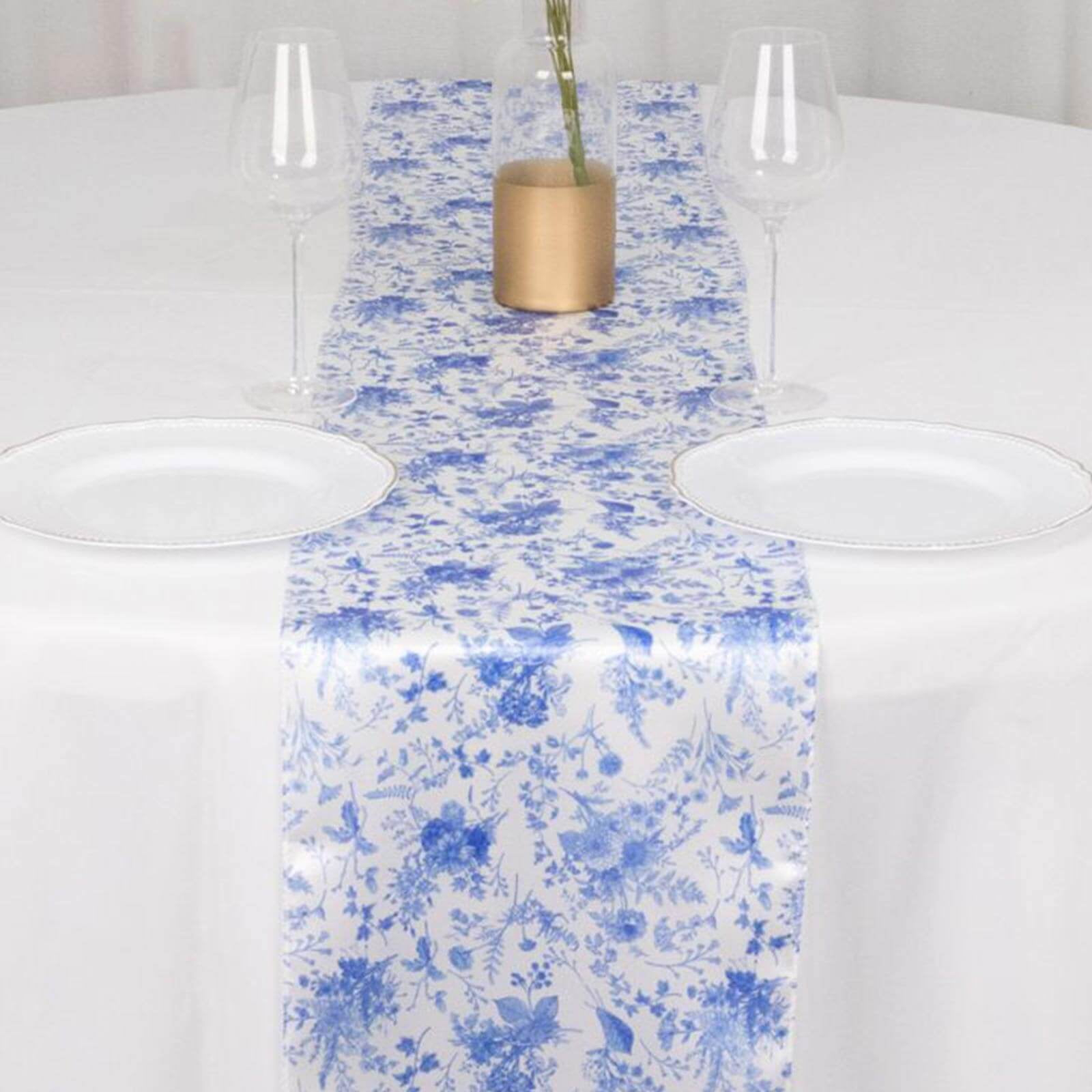 Efavormart 12"x108" White Blue Chinoiserie Floral Print Satin Table Runner