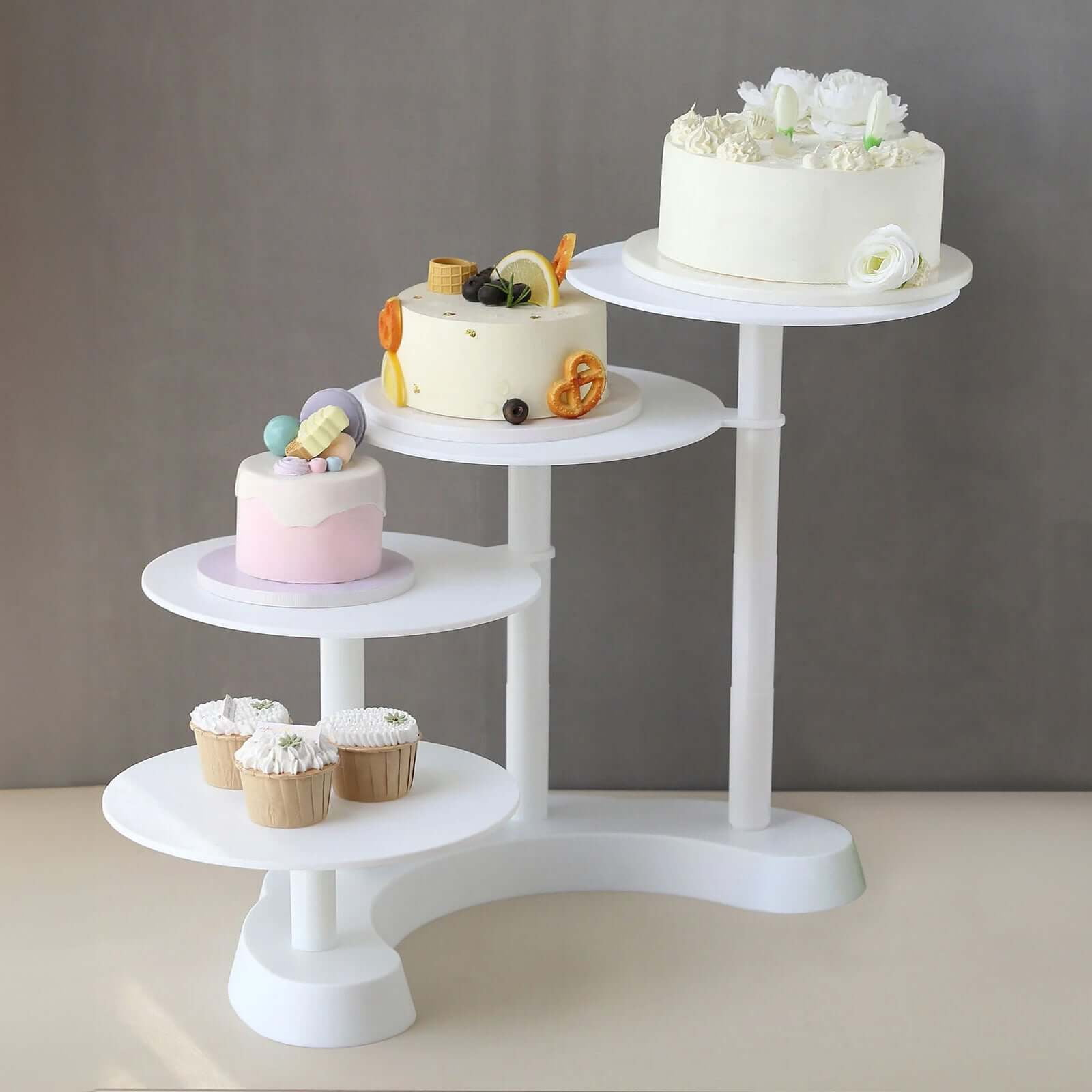 4-Tier Half Moon White Plastic Cake Dessert Stand, 4-Shelf Cupcake Display - 17" Tall