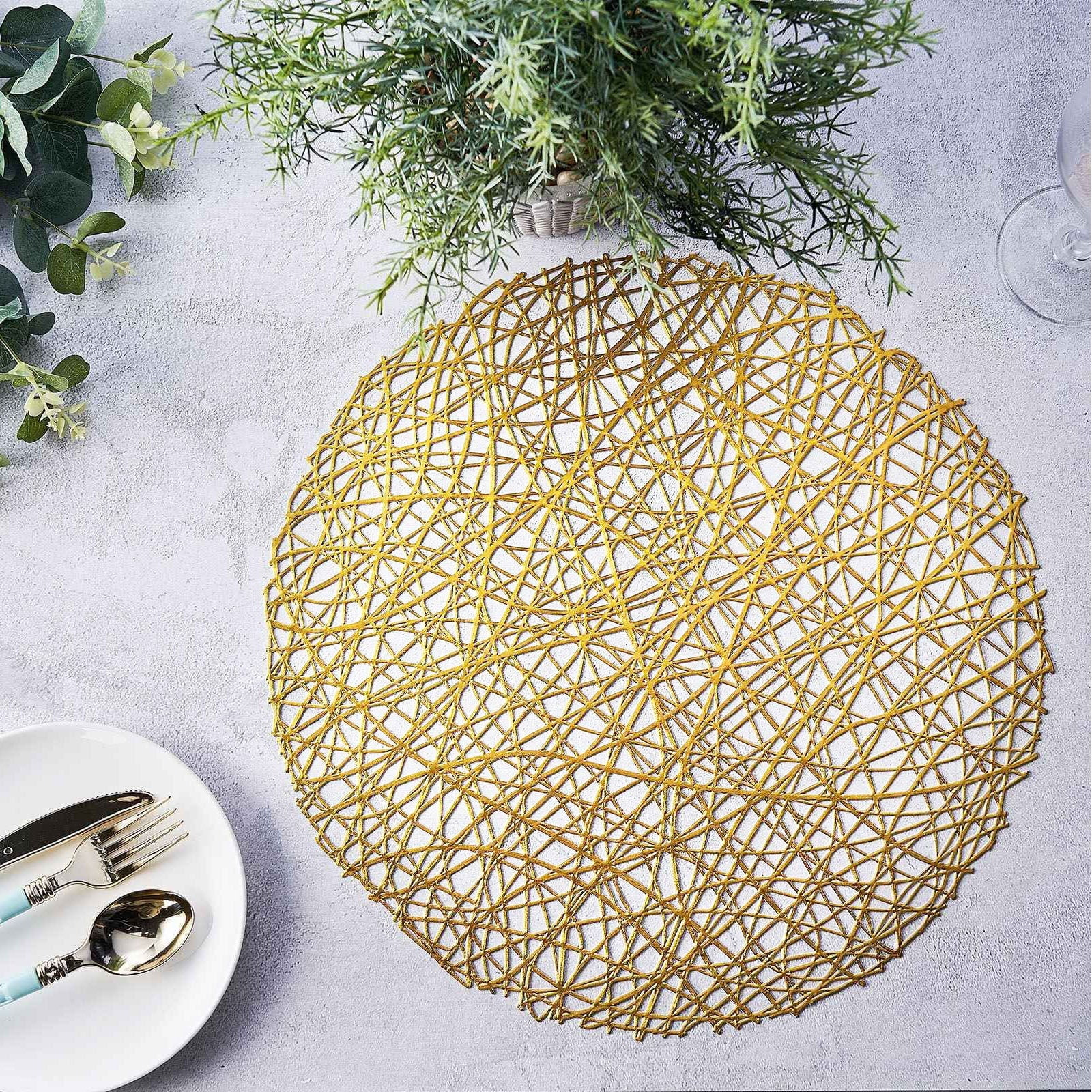 Efavormart 6 Pack 15" Gold Round Woven Vinyl Placemats Non Slip Dining Table Placemats For Wedding Events Birthday Party
