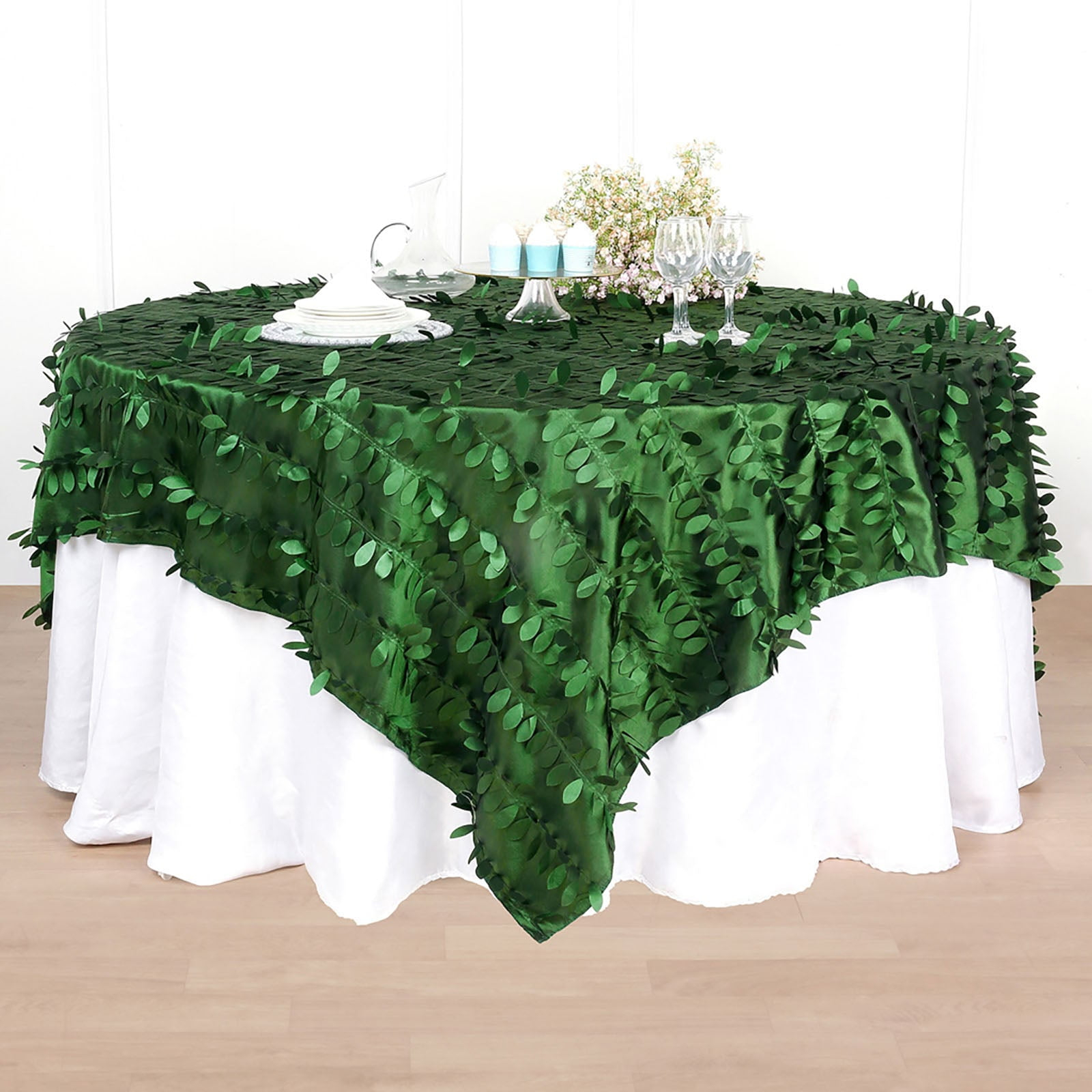 Efavormart 90"x90" Square Leaf Petal Taffeta Tablecloth - Decorative 3D Leaf Ruffle Table Cover for Forest Party, Wedding, Event, Dessert Tables - Green