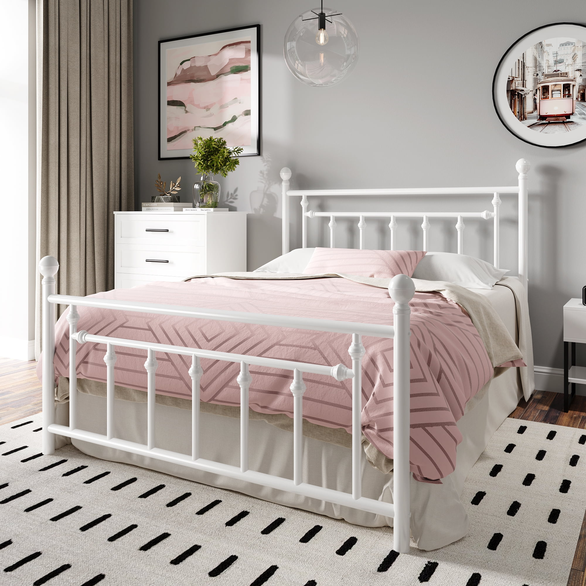 Einfach Full Size Bed Frame with Victorian Style Iron-Art Headboard and Footboard, White