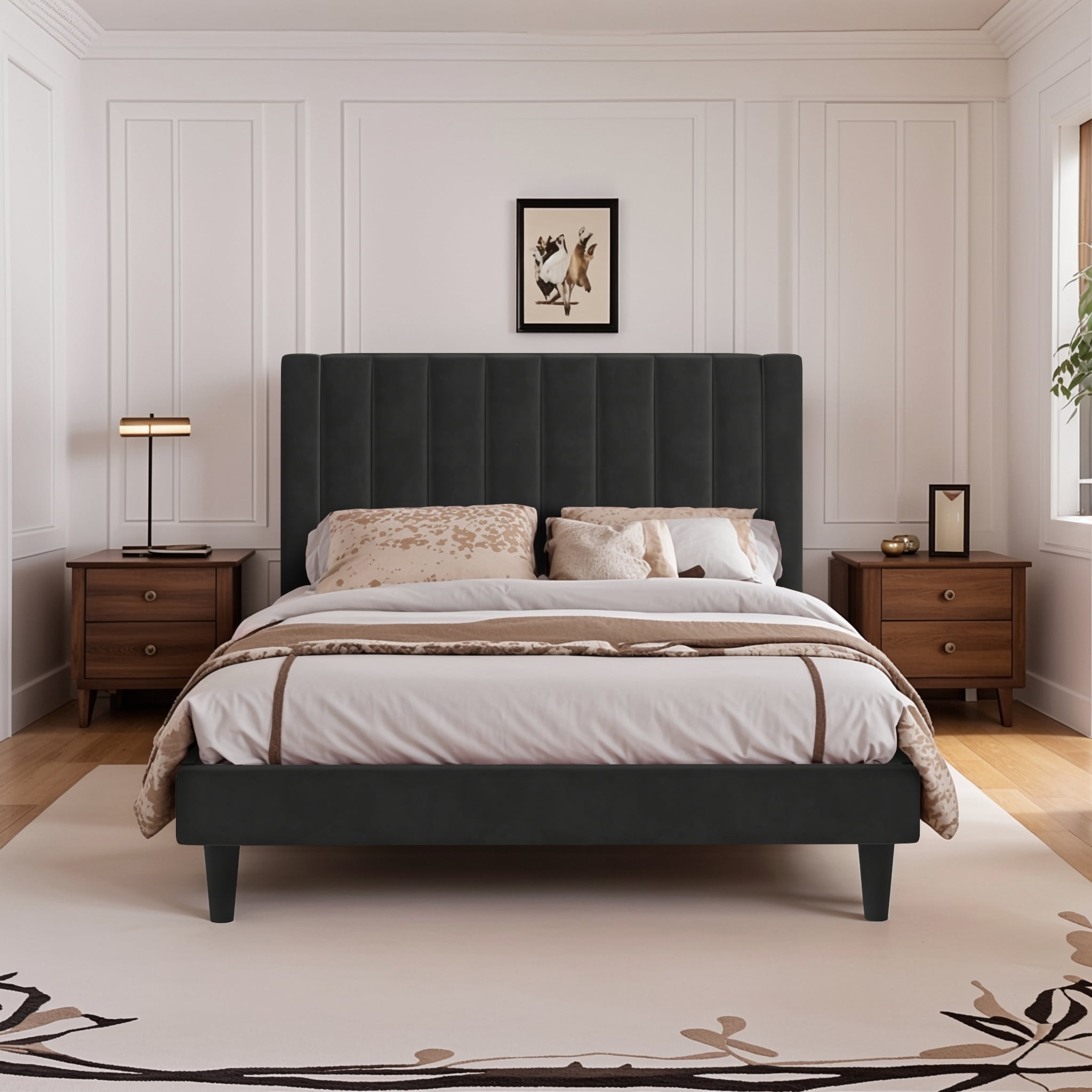 Allewie Queen Velvet Upholstered Bed Frame with Vertical Channel Tufted Headboard, Black