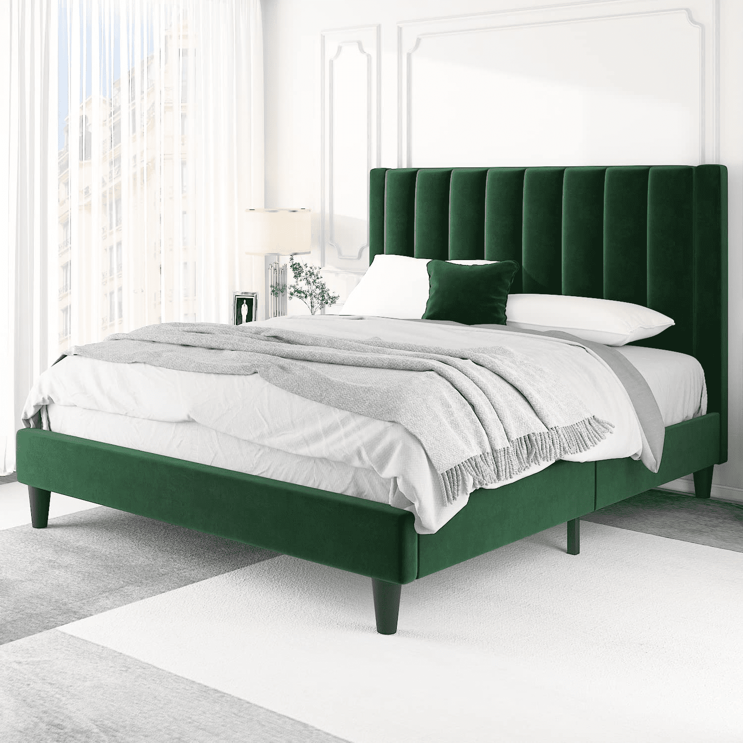 Einfach Queen Size Platform Bed Frame with Upholstered Velvet Vertical Headboard, Green