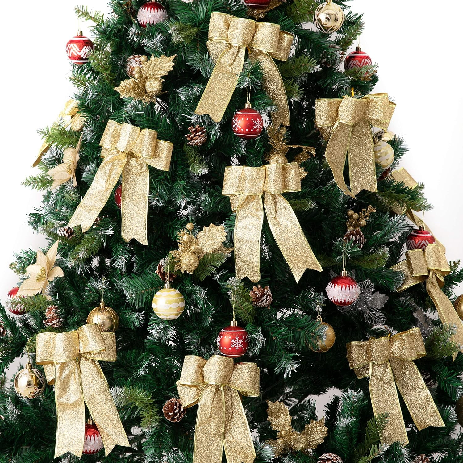 Ejiaya 12 Pieces Glitter Christmas Bows Christmas Wreath Bow Christmas Tree Ornaments Bows for Christmas Party Decoration (Gold)