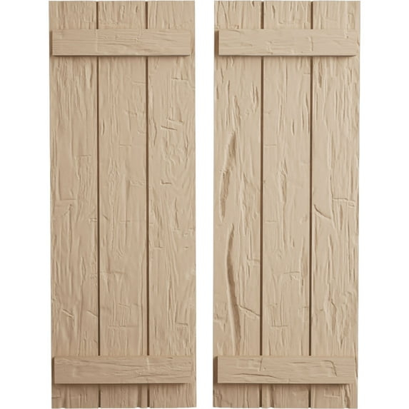 Ekena Millwork 16 1/2"W x 38"H Rustic Three Board Joined Board-n-Batten Hand Hewn Faux Wood Shutters (Per Pair), Primed Tan
