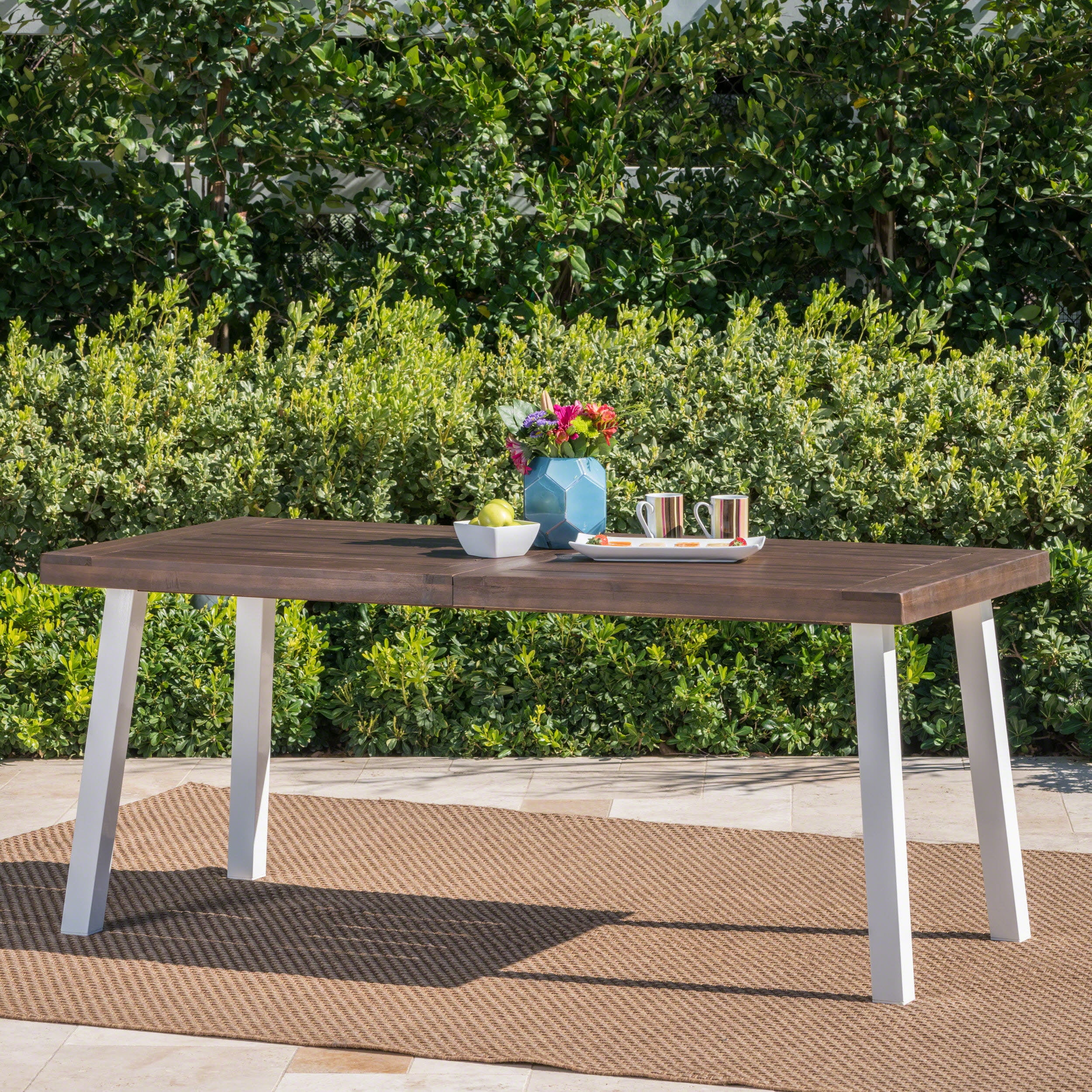 Elaina Outdoor Acacia Wood Dining Table with Metal Legs, Dark Brown, White Rustic Metal
