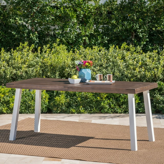 Elaina Outdoor Acacia Wood Dining Table with Metal Legs, Dark Brown, White Rustic Metal