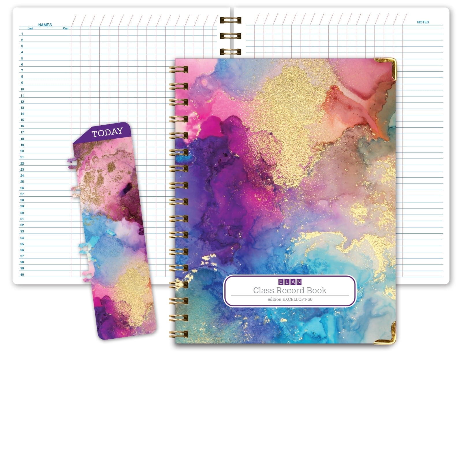 Elan Publishing Company HARDCOVER 6 Period Teacher Lesson Plan - Days Vertically Down The Side with Bonus Clip-in Bookmark (Rainbow Gold Marble)
