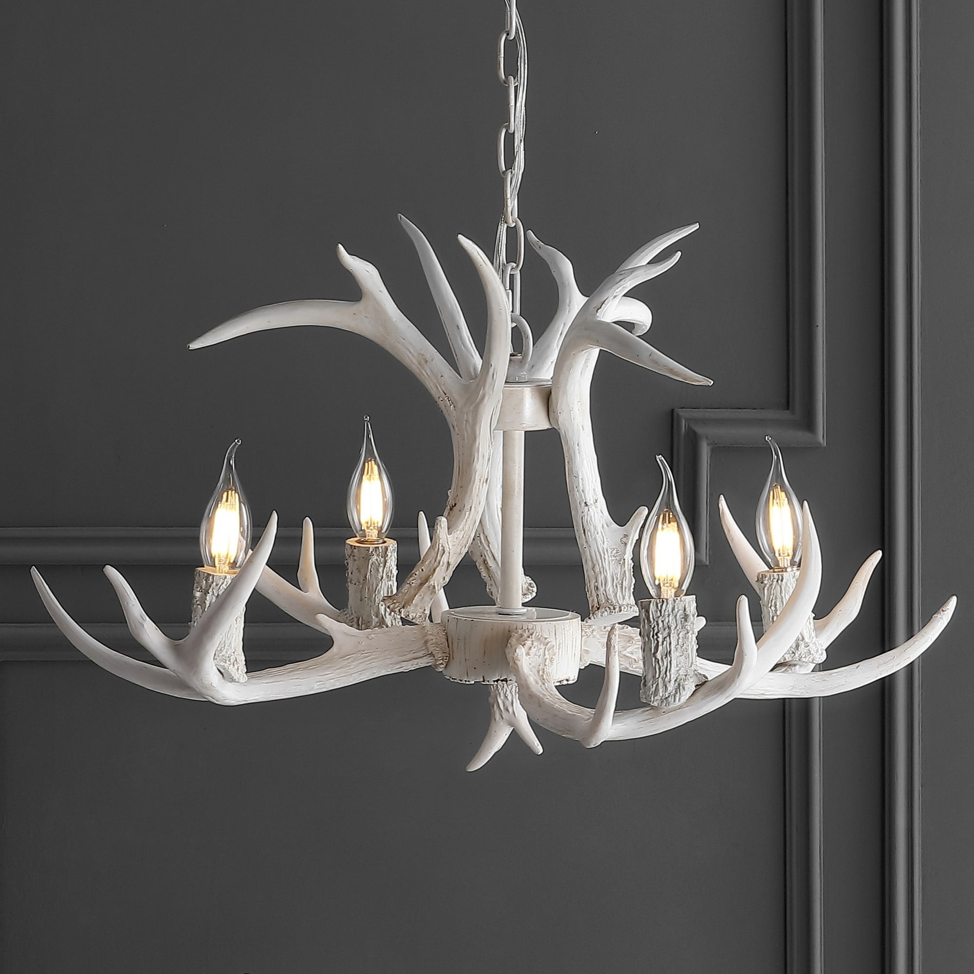 JONATHAN Y JYL6301B Eldora 26" Adjustable Resin Antler 4-Light LED Chandelier, Farmhouse, Glam, Transitional, Rustic, Cottage for living room, dinning room, bedroom, office Bulb Included, White
