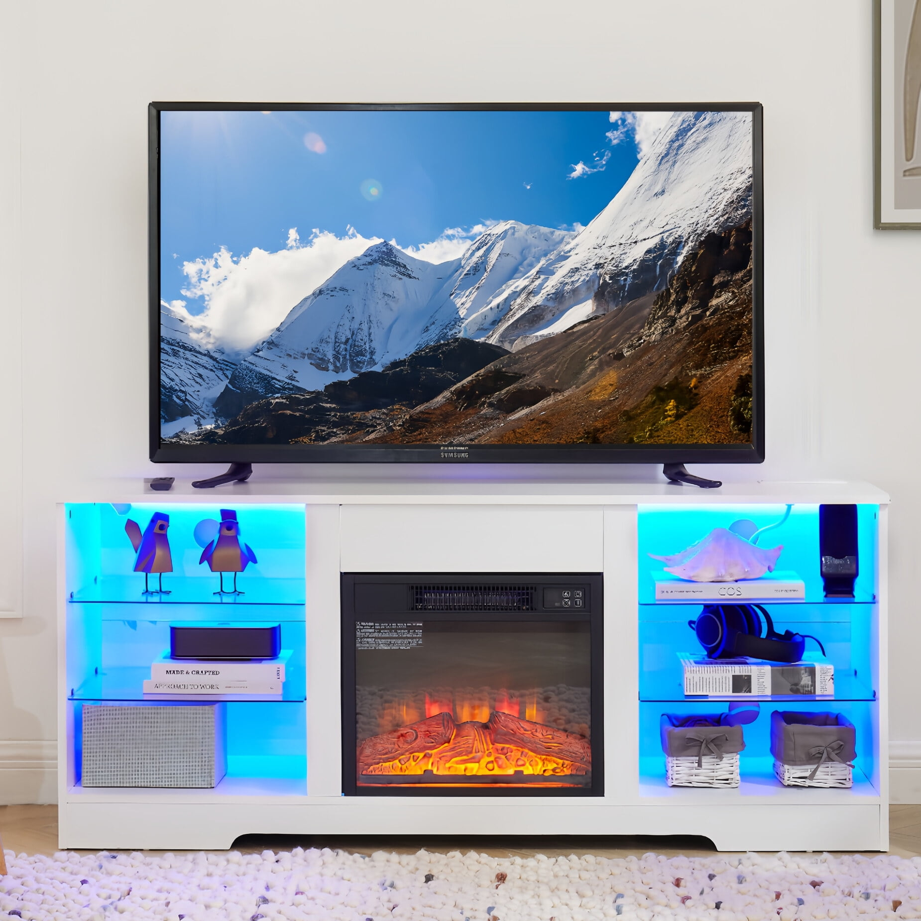 Modern White TV Stand with Glass Shelves, 3D Fireplace, LED Lights, USB Charging Outlet, Fits TVs up to 32-65 Inches (White)