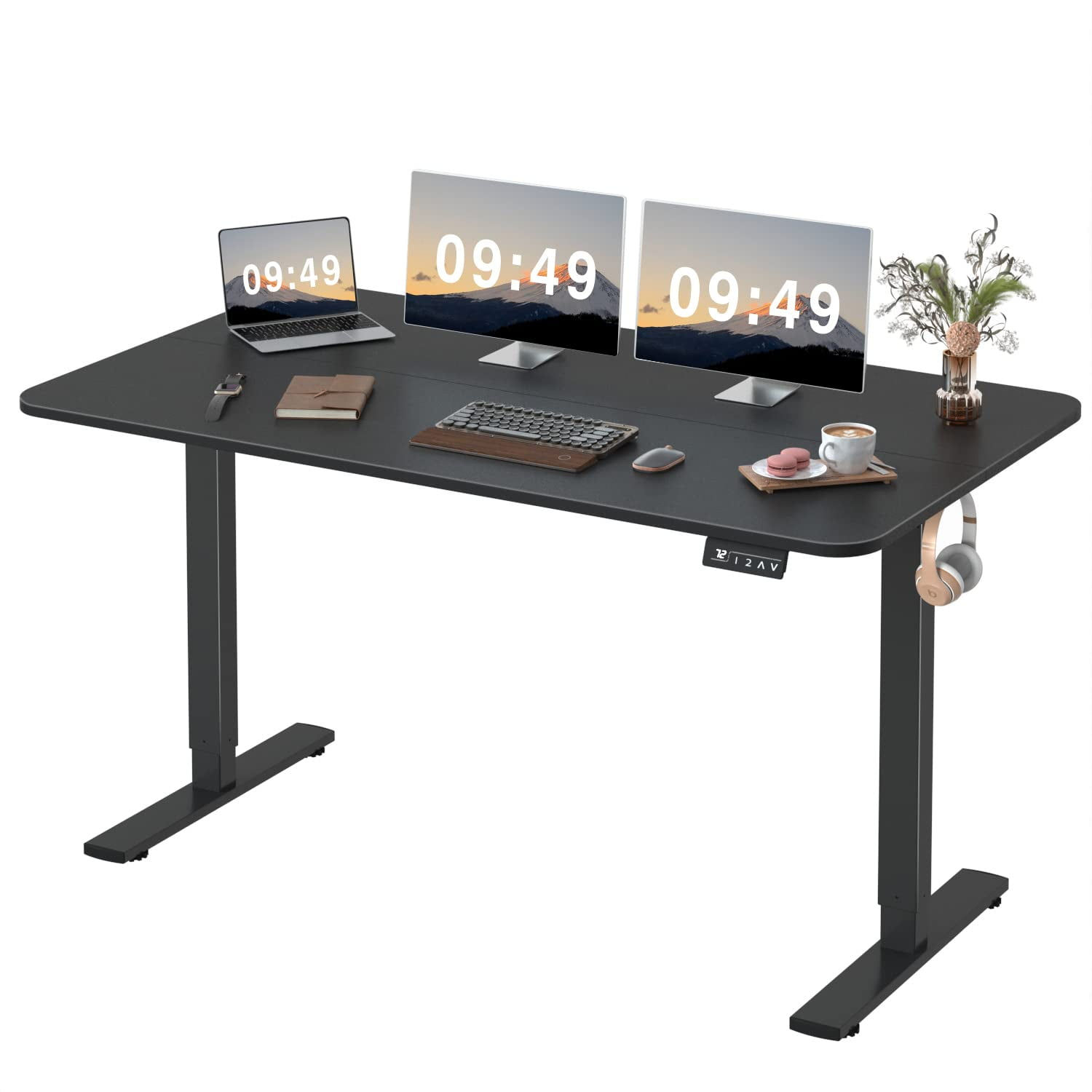 Electric Height Adjustable Standing Desk Large 55 x 24 Inches Sit Stand Up Desk Home Office Computer Desk Memory Preset with T-Shaped Metal Bracket, Black