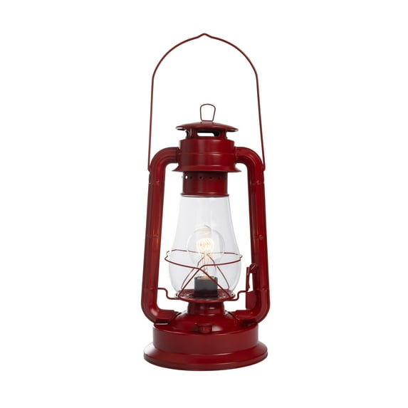 Lámpara de Mesa con Linterna Eléctrica para Dormitorios para Darle un Aspecto de Granja Perfecto de 16 Pulgadas de Alto con Vidrio de Huracán Grande y Atenuador de Cable en Línea y Acabado Rojo Rústico Vintage Estilo Edison