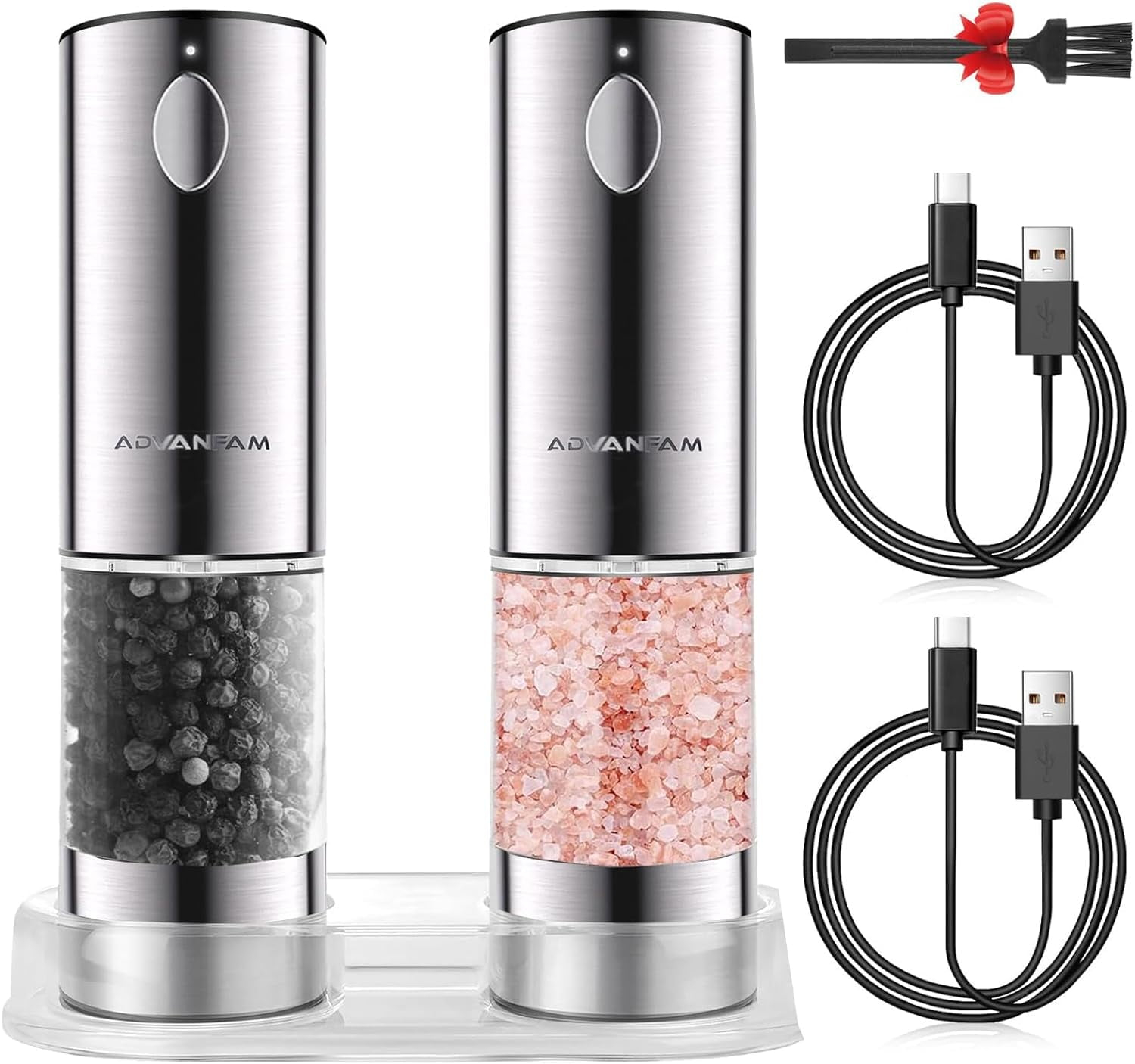 TOMEEM Electric Salt and Pepper Grinder Set Stainless Steel Automatic One Hand Operation Adjustable Coarseness Mill Grinders Shakers & LED Light Refillable