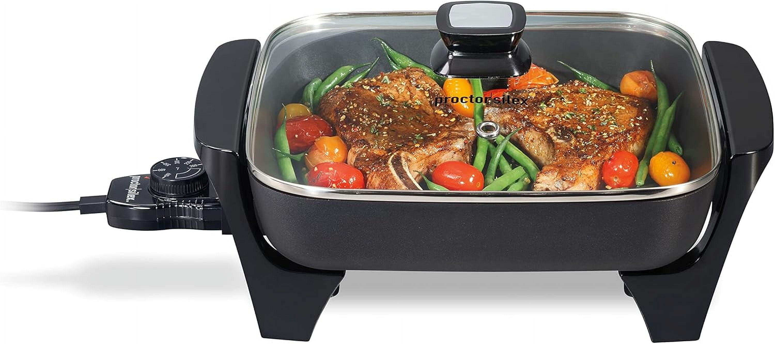 Electric Skillet with Lid, 116 sq. in. Nonstick Cooking Surface for Frying, Sauteing, Simmering and Braising, Adjustable Temp 200° to 400° F, Black (38526PS)