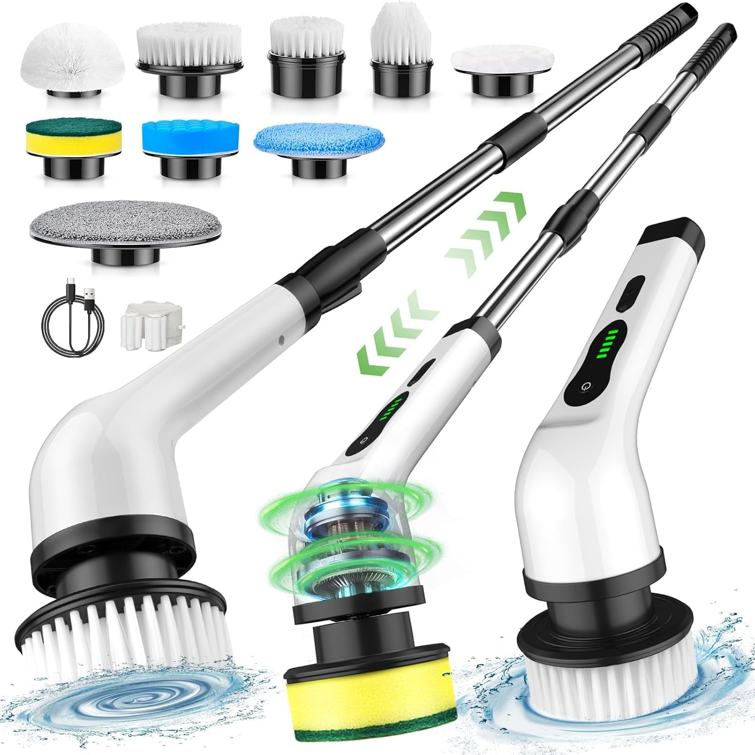 Electric Spin Scrubber, Cordless Cleaning Brush, Shower Cleaning Brush with 9 Brush Heads 2H Power Dual Speed, Adjustable Extension Handle, IPX7 Waterproof for Tub Tile Floor Car, White