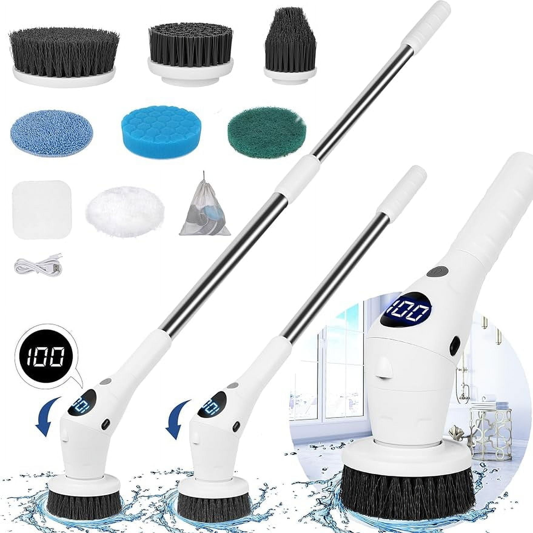 Electric Spin Scrubber with Light, Electric Cleaning Brush LCD 3 Adjustable Speeds Cordless Handheld Brush with 8 Replaceable Brush Head