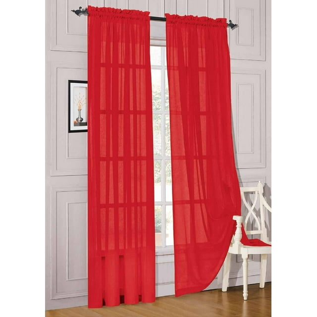 Elegant Comfort 2 Piece Solid SHEER PANEL with ROD POCKET - Window Curtain  60-inch width X 84-inch Length -  Red
