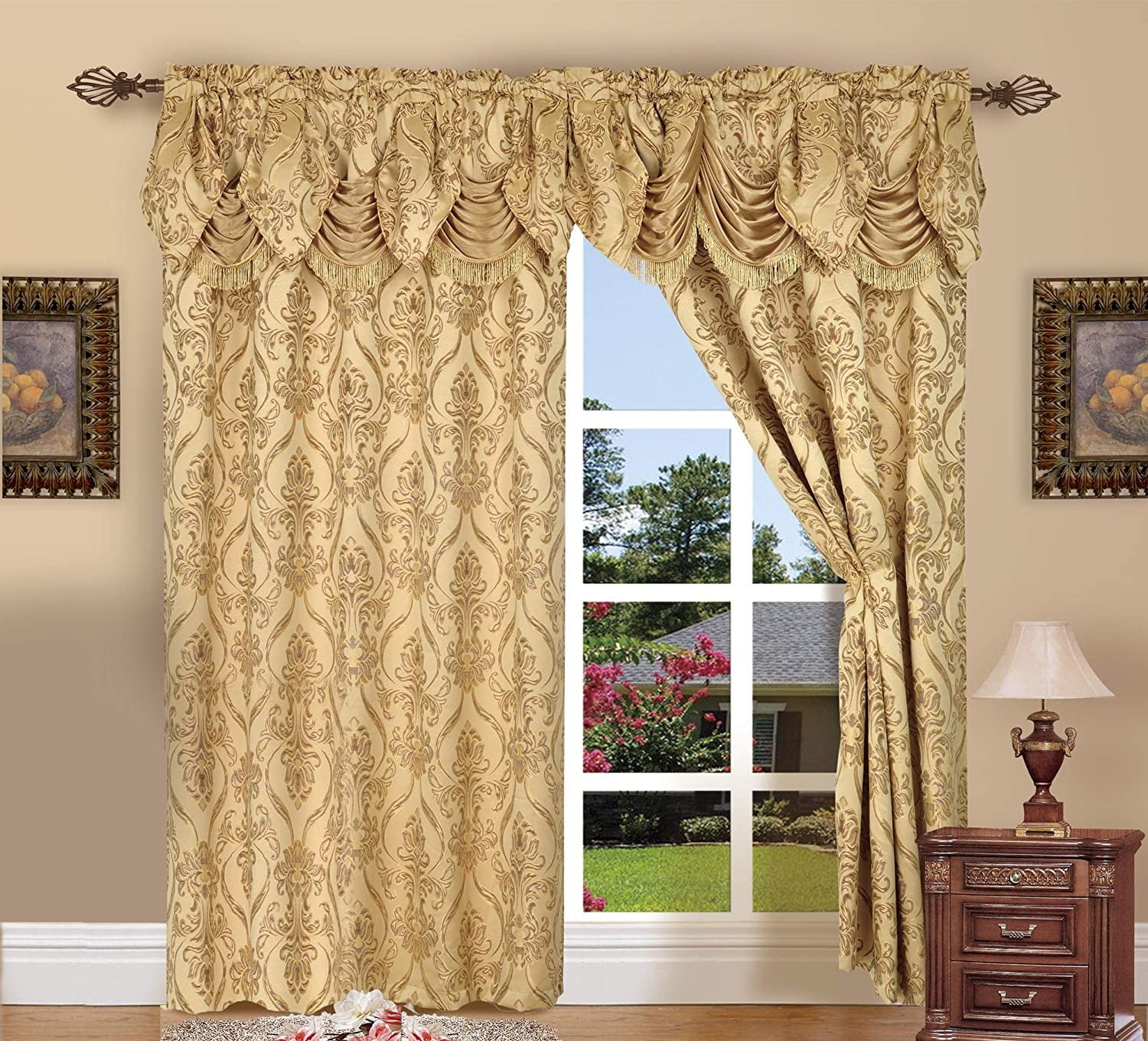 Curtain Panel Set with Attached Waterfall Valance, Jacquard Fabric, (SET of 2), 54 x 84 Inches, Gold