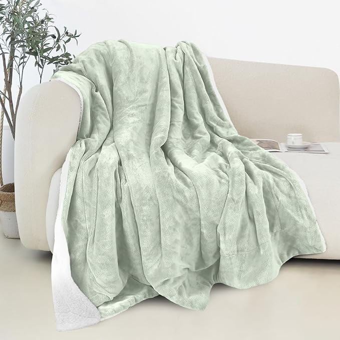 Elegant Comfort Reversible and Plush Flannel Fleece Sherpa Throw- Lightweight Soft and Cozy- All Season Decorative Throw, Perfect for Lounging, 50 x 60 inches, Mint Green
