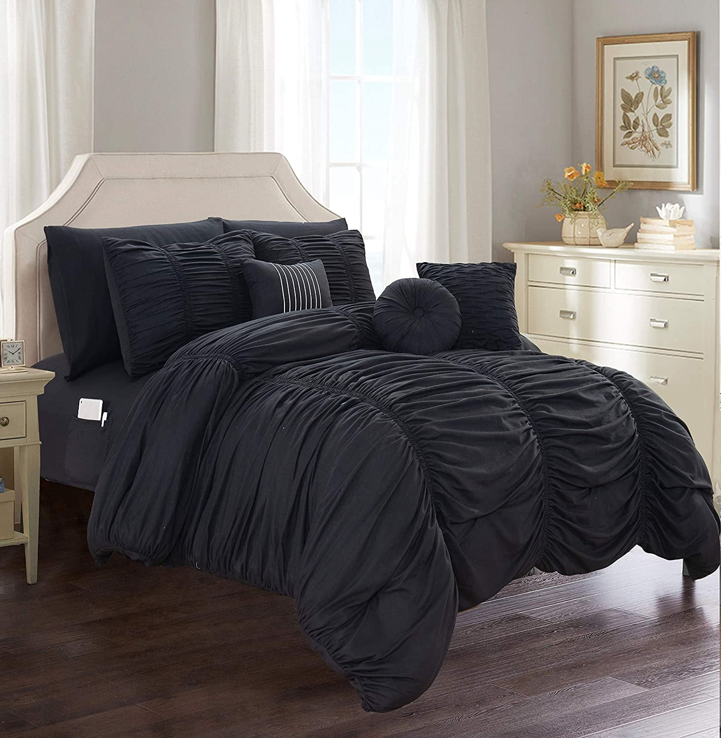 Elegant Comfort Solid Print Microfiber Woven Washable Comforter Sets, Full, Black, 10-Pieces