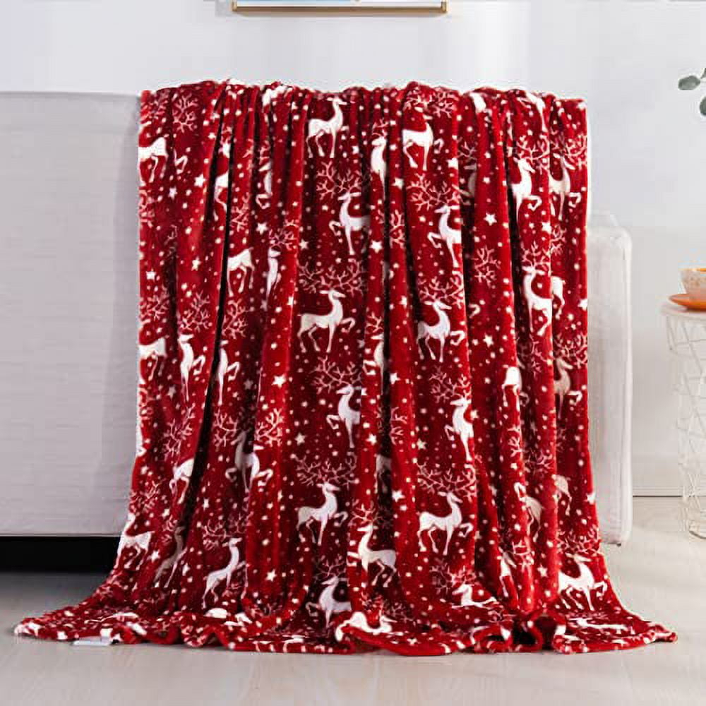 Elegant Comfort Velvet Touch Ultra Plush Christmas Holiday Printed Fleece Throw/Blanket-50 x 60inch, (Reindeer Stars), 50 x 60 inch