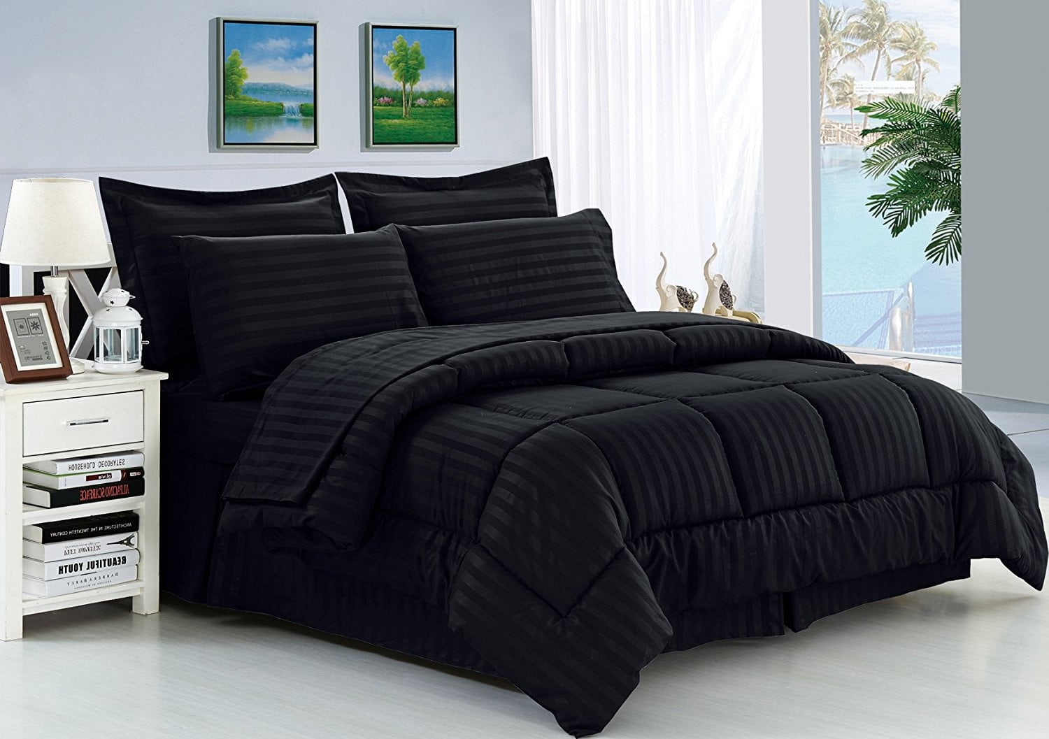 Elegant Comfort Wrinkle Resistant - Luxurious Silky Soft Dobby Stripe Bed-in-a-Bag, 8-Piece Comforter Set - HypoAllergenic - Full/Queen, Black
