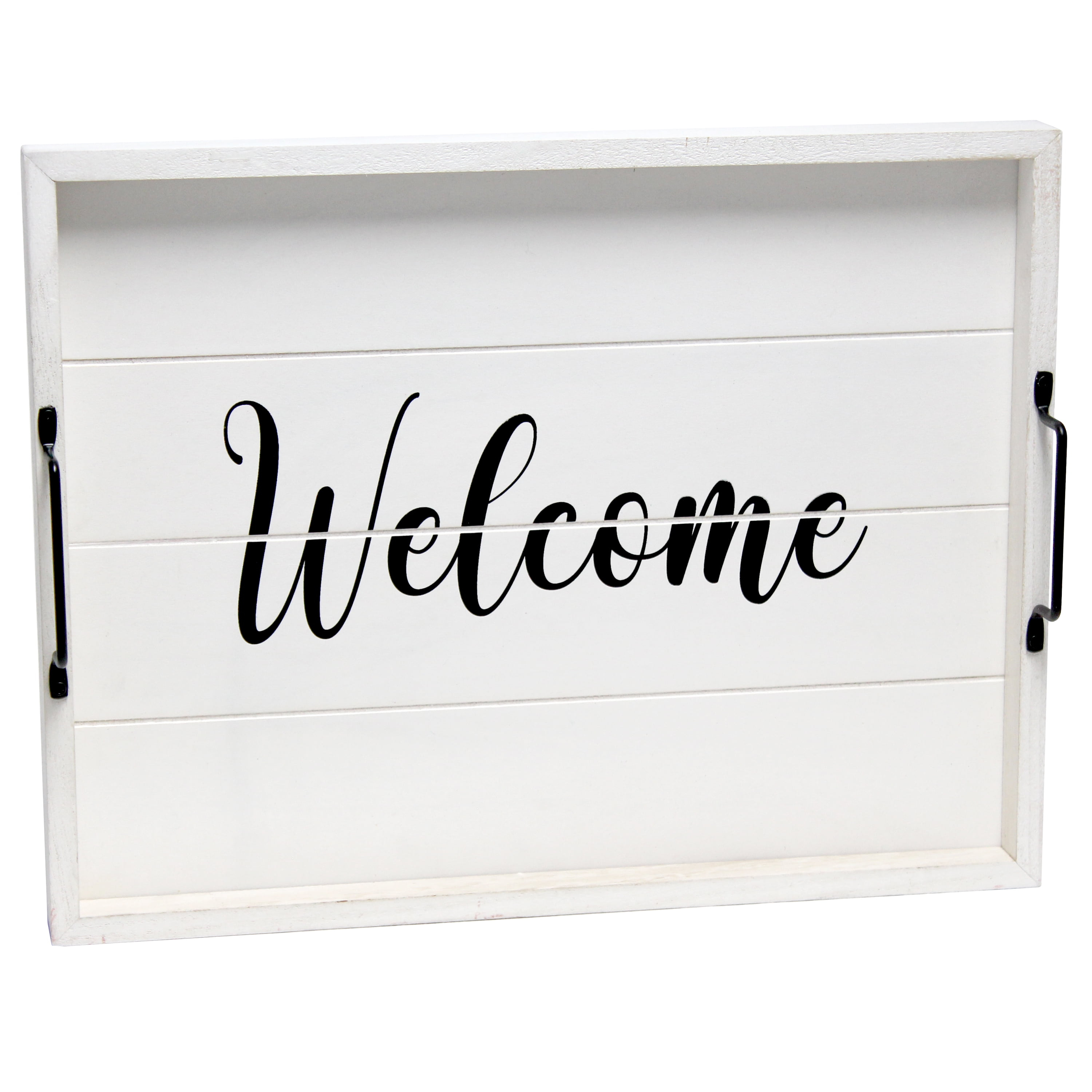 Elegant Designs 15.5" x 12" Decorative Wood Serving Tray, "Welcome", White Wash