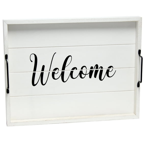 Elegant Designs 15.5" x 12" Decorative Wood Serving Tray, "Welcome", White Wash