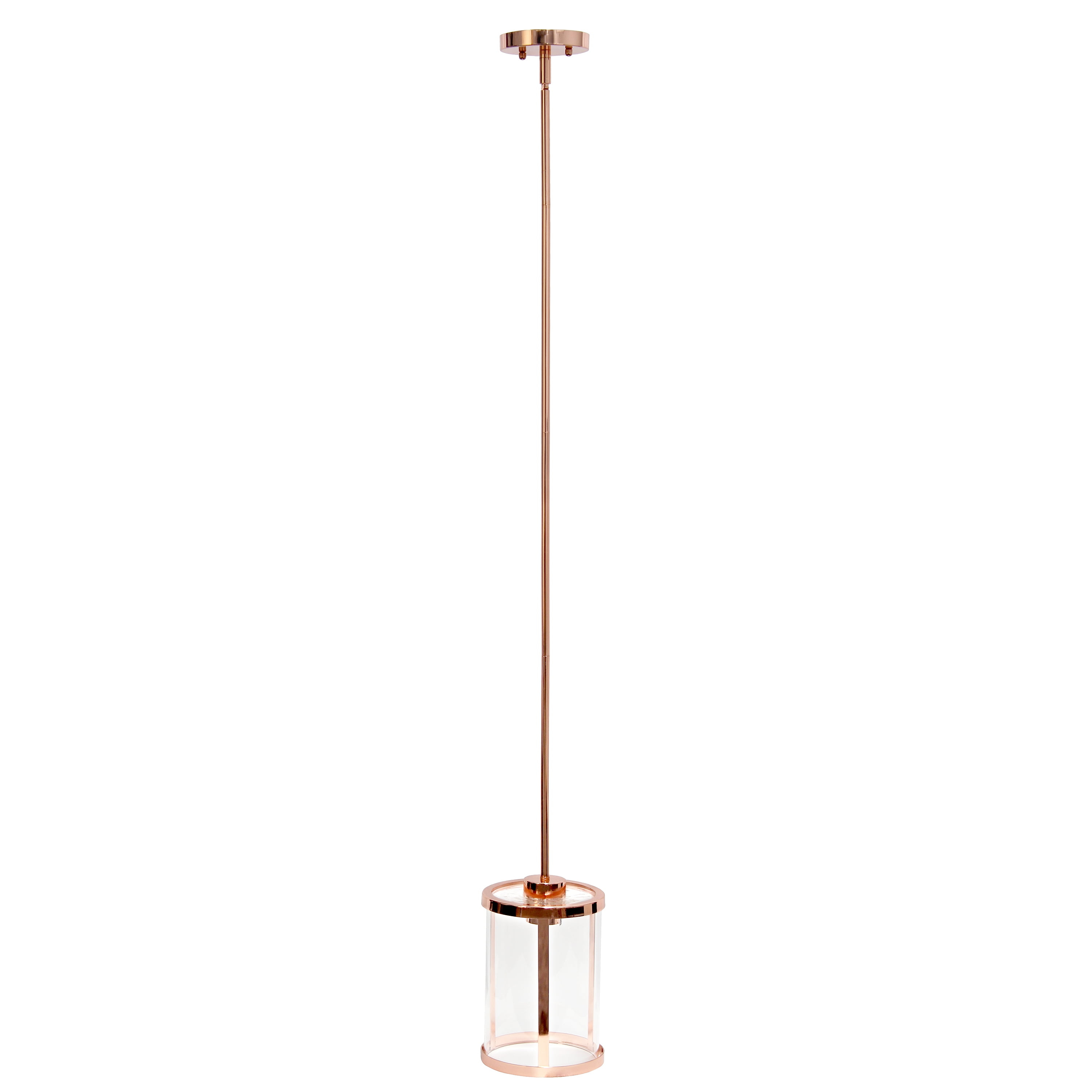 Elegant Designs 9.25" Adjustable Traditional Vintage Modern Industrial Farmhouse 1-Light Metal and Clear Cylindrical Glass Hanging Ceiling Pendant, Rose Gold
