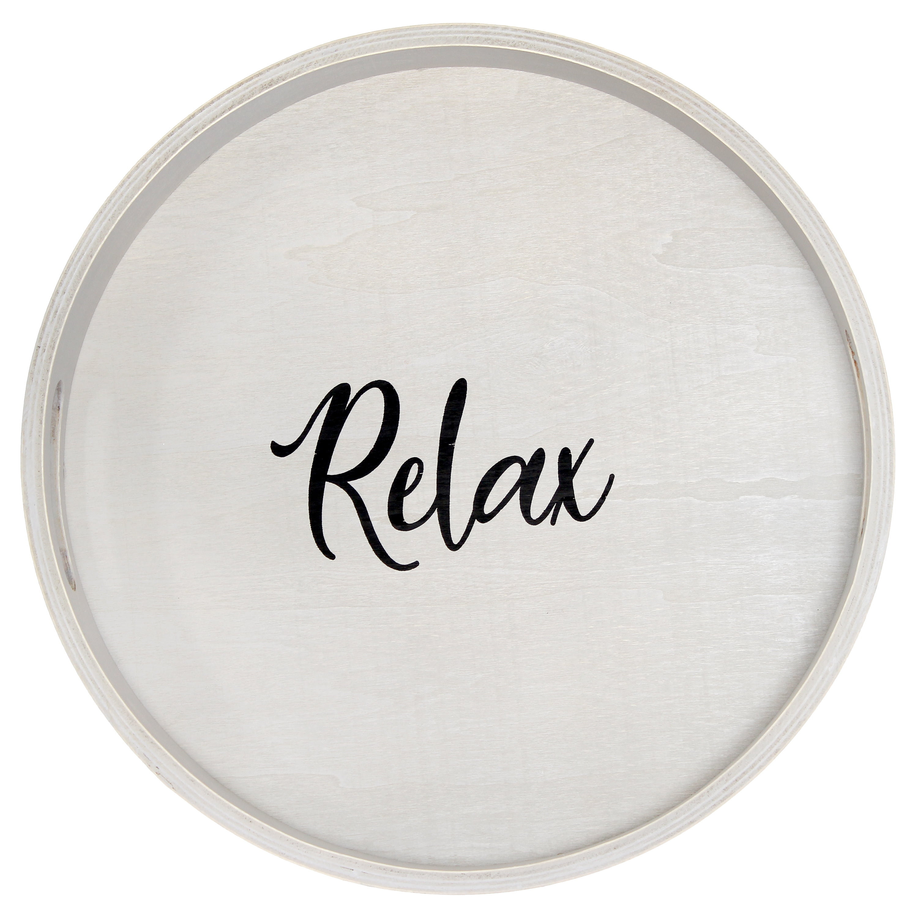 Elegant Designs Decorative 13.75" Round Wood Serving Tray w/ Handles, "Relax"
