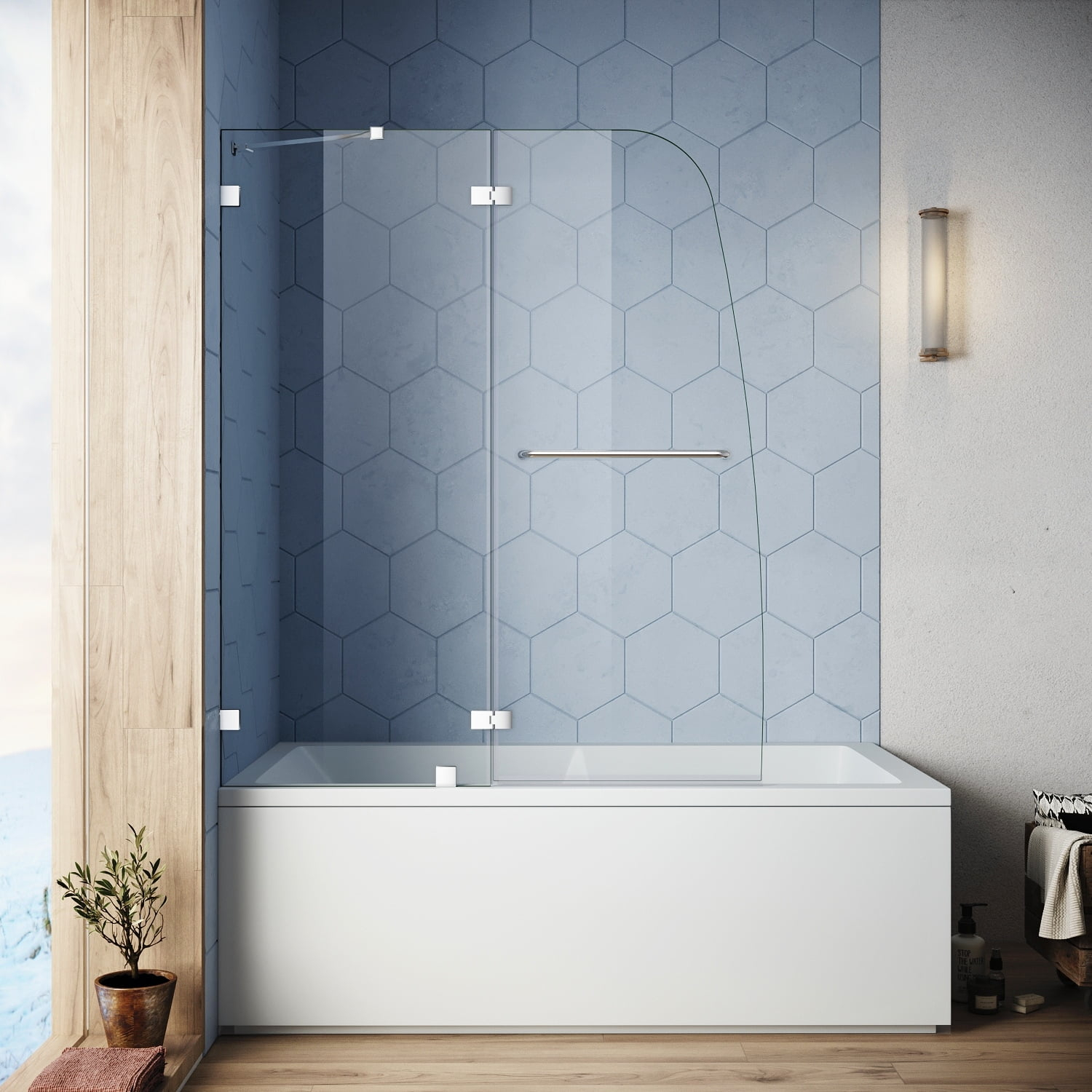 Elegant  Frameless Swing Hinged Shower Tub Door Polished Chrome Clear 48"W x 58"H Chrome Finish