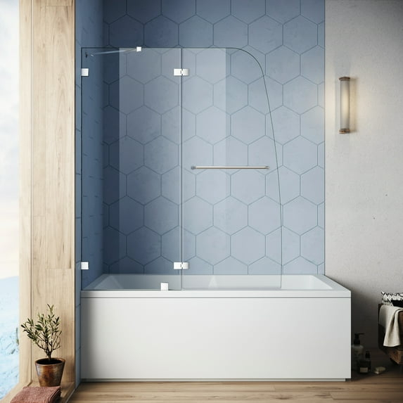 Elegant  Frameless Swing Hinged Shower Tub Door Polished Chrome Clear 48"W x 58"H Chrome Finish