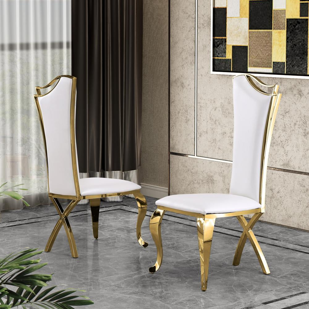 Elegant Side Chairs in White Faux Leather and Gold Stainless Steel (Set of 2)