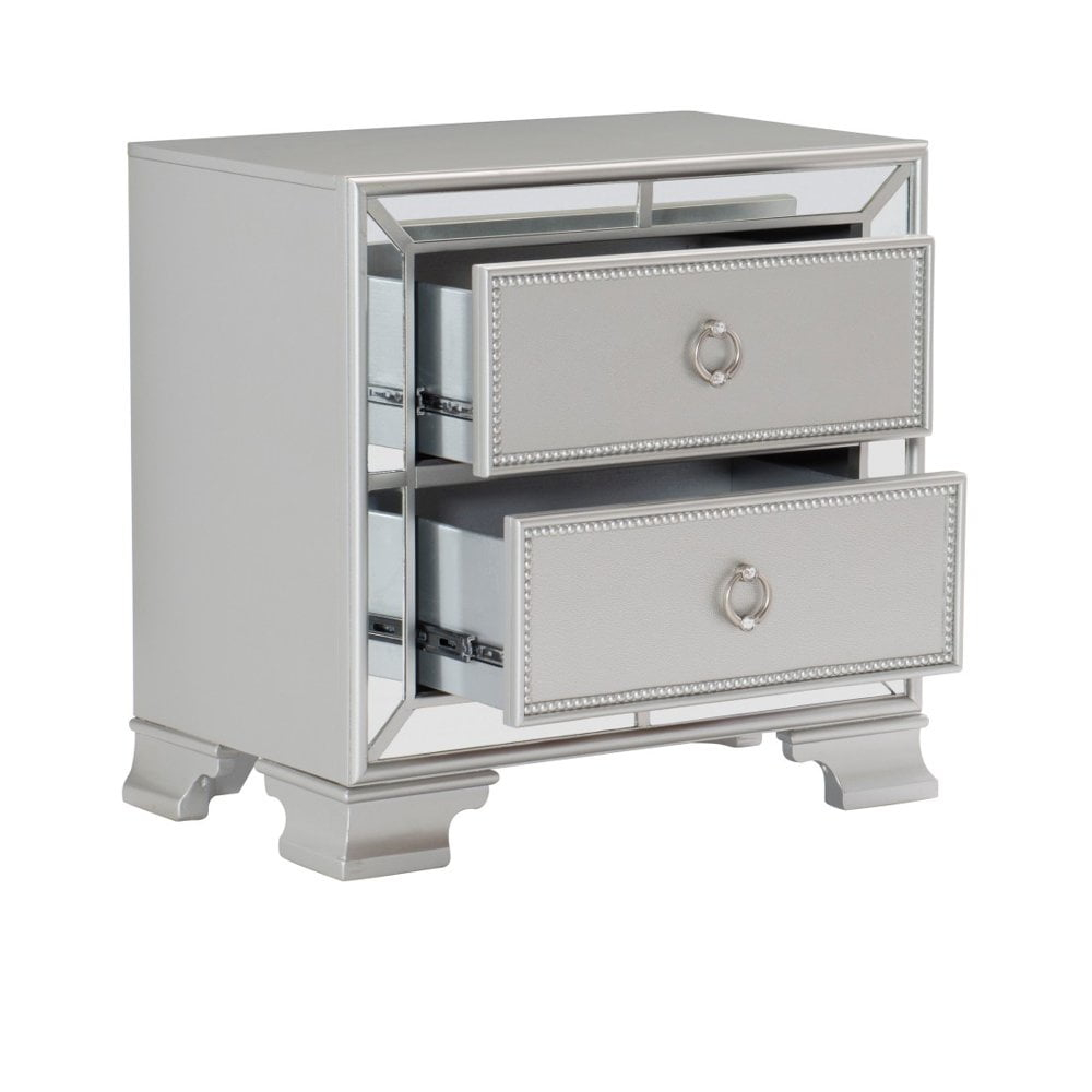 CoSoTower Modern Traditional Style 1Pc Nightstand Of 2 Drawers Embossed Textural Fronts Silver Finish Bed Side Table