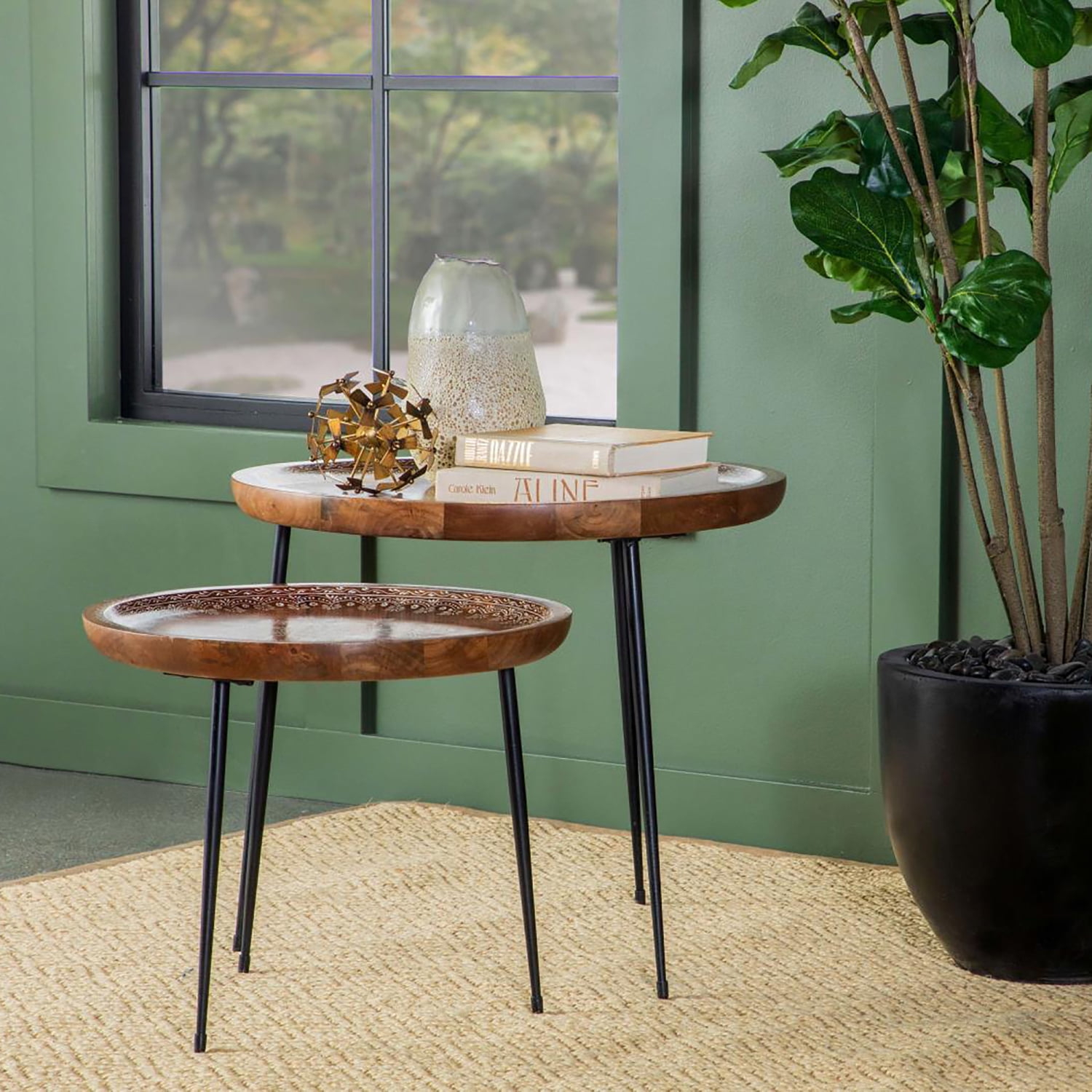 Coaster Nuala 2-Piece Round Wood Tray Top Nesting Table in Brown/Black