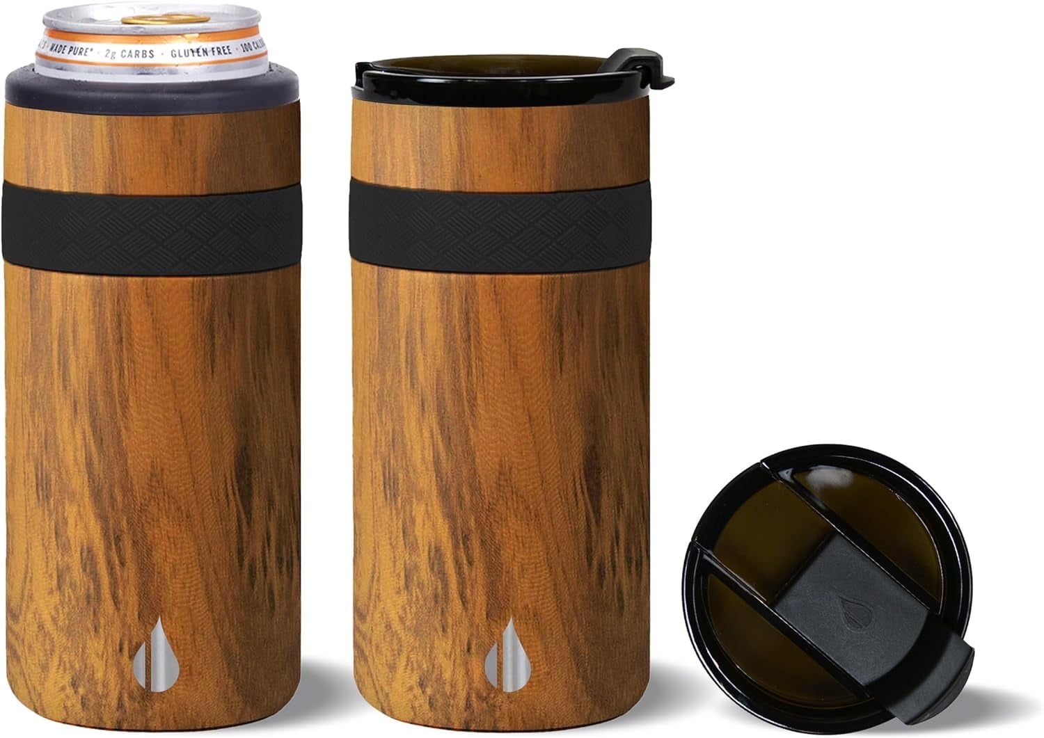 Elemental Duo-Sip 2 in 1 Travel Coffee Tumbler with 100% Leak Proof Lid & Slim Can Cooler Insulator for 12oz Slim Cans, Triple Walled Stainless Steel for Hard Seltzer & Hot/Cold Drinks - Teakwood