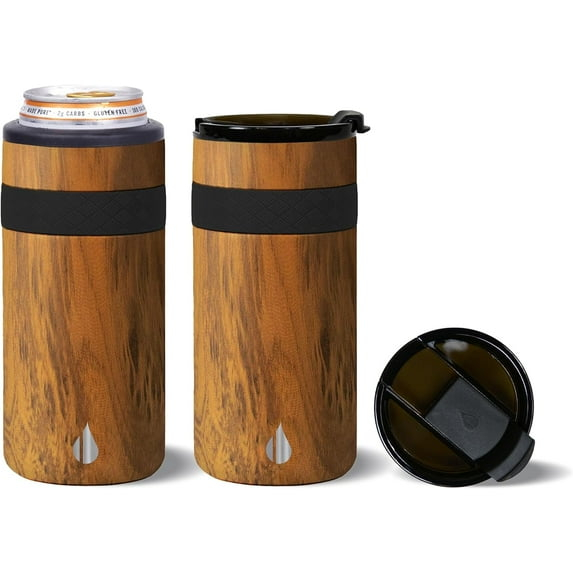 Elemental Duo-Sip 2 in 1 Travel Coffee Tumbler with 100% Leak Proof Lid & Slim Can Cooler Insulator for 12oz Slim Cans, Triple Walled Stainless Steel for Hard Seltzer & Hot/Cold Drinks - Teakwood