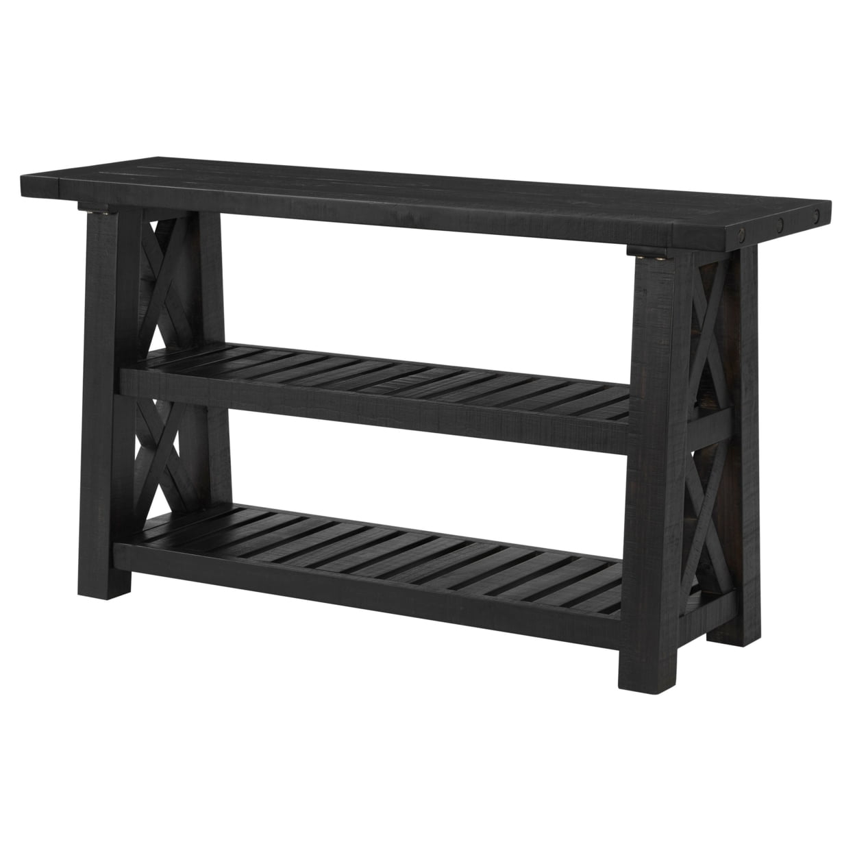 Elena 55 Inch Sofa Console Table, 2 Shelves, Industrial Bolts, Black FInish- Saltoro Sherpi