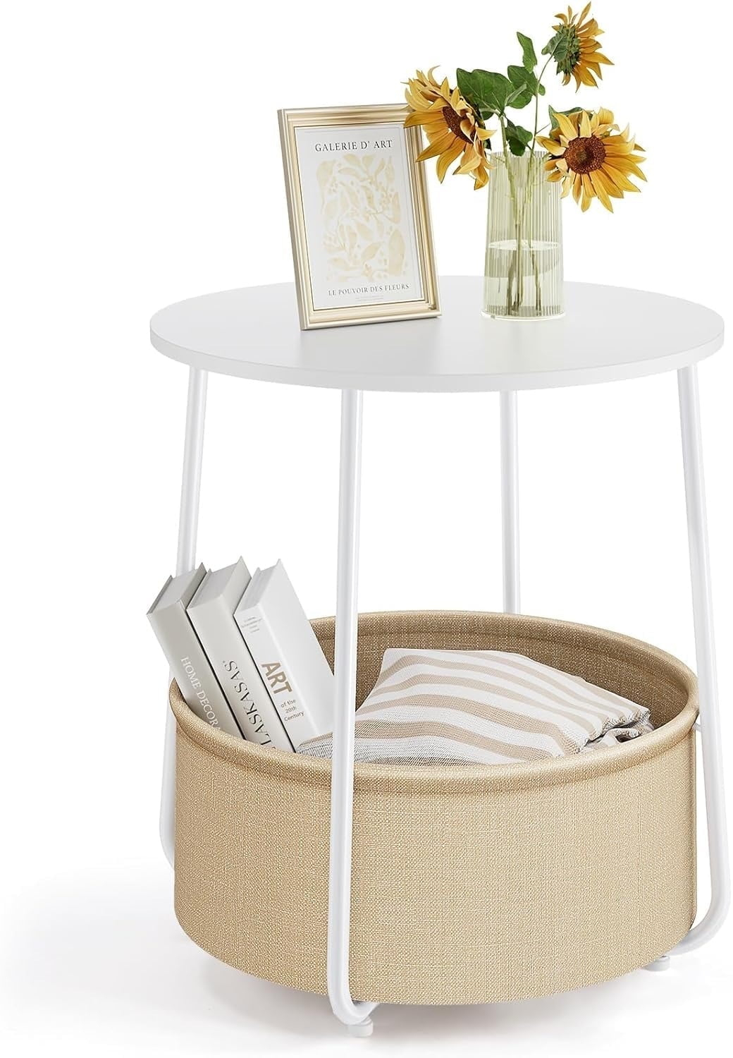 Lorelia Small Round Side End Table Living Room Nightstand Bedside Fabric Baske Table