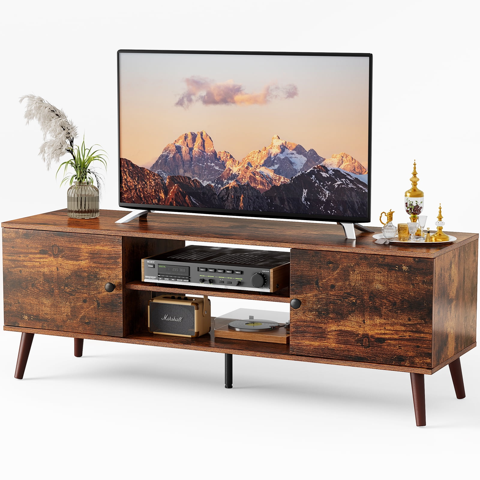 Elevon TV Stand for 55 60 inch Television, Entertainment Center with Storage, 2 Cabinet Media Console Table, Soft Hinge Door with Handle, Wood Feet, Living Room, Bedroom Furniture