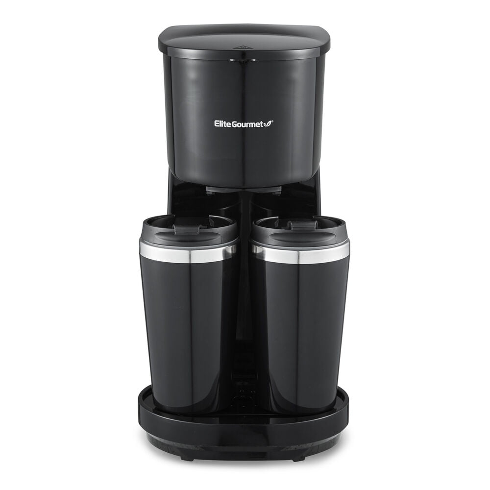 Elite Gourmet Dual Coffee Maker with Two Stainless Steel Interior Travel Mugs, Black